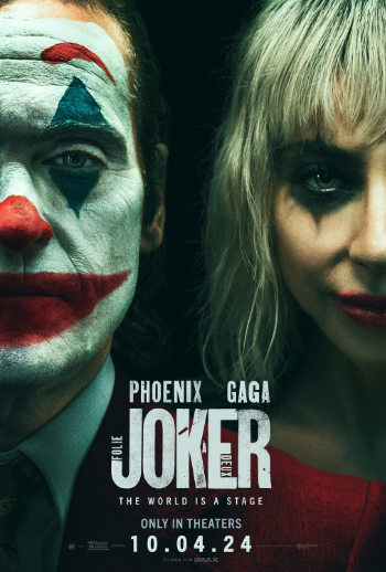 Joker: Folie a Deux movie poster with Joker and Harley split-faced