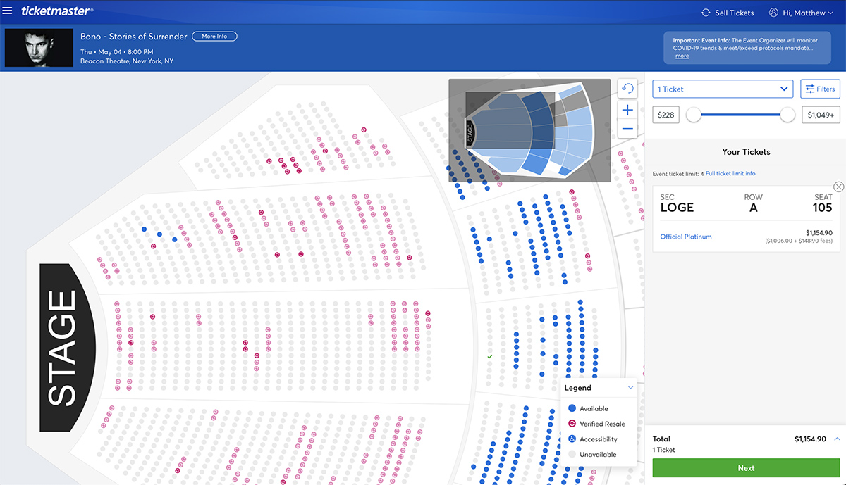 Seating chart with front row of the loge selling for $1,006 plus fees